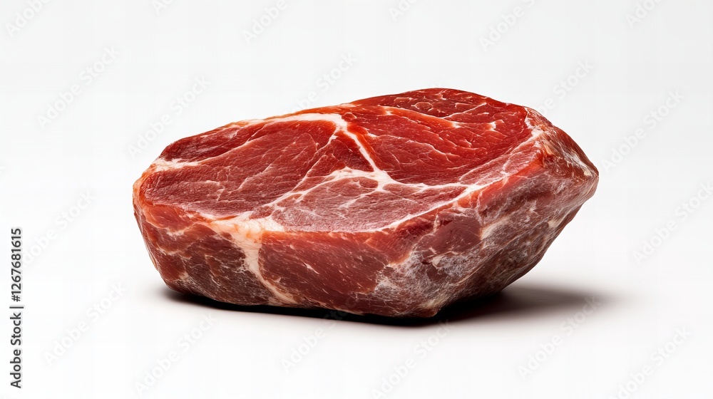 Fototapeta premium Close-up of a raw, marbled cut of beef on a white background. Rich red tones and natural texture are highlighted.