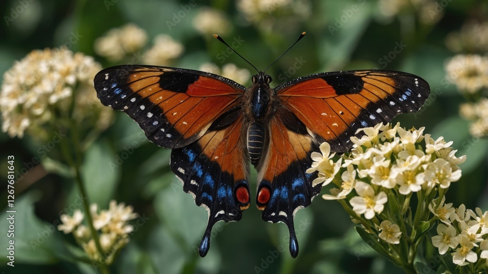 Vibrant Butterfly Resting on Delicate White Flowers in a Lush Green Garden Setting
