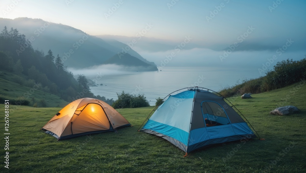 Tranquil Camping Scene in Foggy Mountains with Tents and Scenic Sea View at Dawn Featuring Copy Space for Text Tranquil Camping Scene in Foggy Mountains with Tents and Scenic Sea View at Dawn Featuring Copy Space for Text