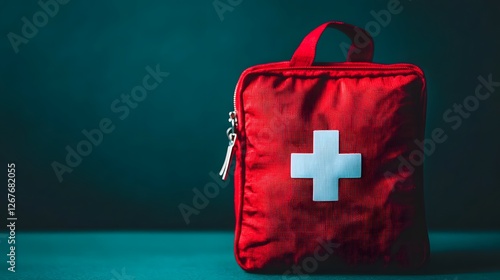 Red First Aid Kit or Bag on Blue Backdrop with Copy Space for Medical and Emergency Preparedness