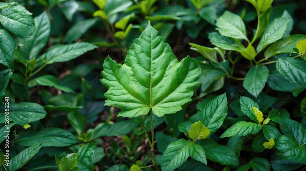 Vibrant green leaf prominently displayed among lush garden foliage showcasing the beauty of nature and plant life. Vibrant green leaf prominently displayed among lush garden foliage showcasing the beauty of nature and plant life.