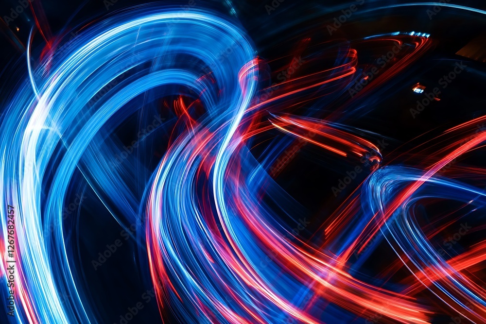 Photo visual is characterized by vibrant blue and red light trails that smoothly flow across a black backdrop, creating an abstract and energetic atmosphere.
Photo visual is characterized by vibrant blue and red light trails that smoothly flow across a black backdrop, creating an abstract and energetic atmosphere.