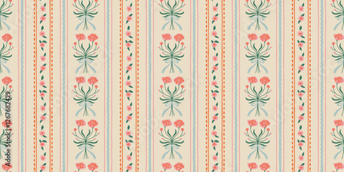 Colorful vintage flower art seamless pattern illustration. Retro nature floral background in hand drawn style. Spring season decoration texture, nature textile drawing print.