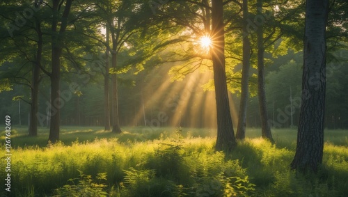 Serene Summer Forest with Sunlight Filtering Through Trees Creating a Magical and Refreshing Atmosphere in a Remote Landscape.