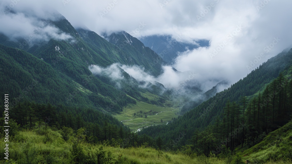 Obraz premium A serene valley scene featuring a flowing river that winds through lush greenery and rolling hills, showcasing natural beauty and tranquility.
