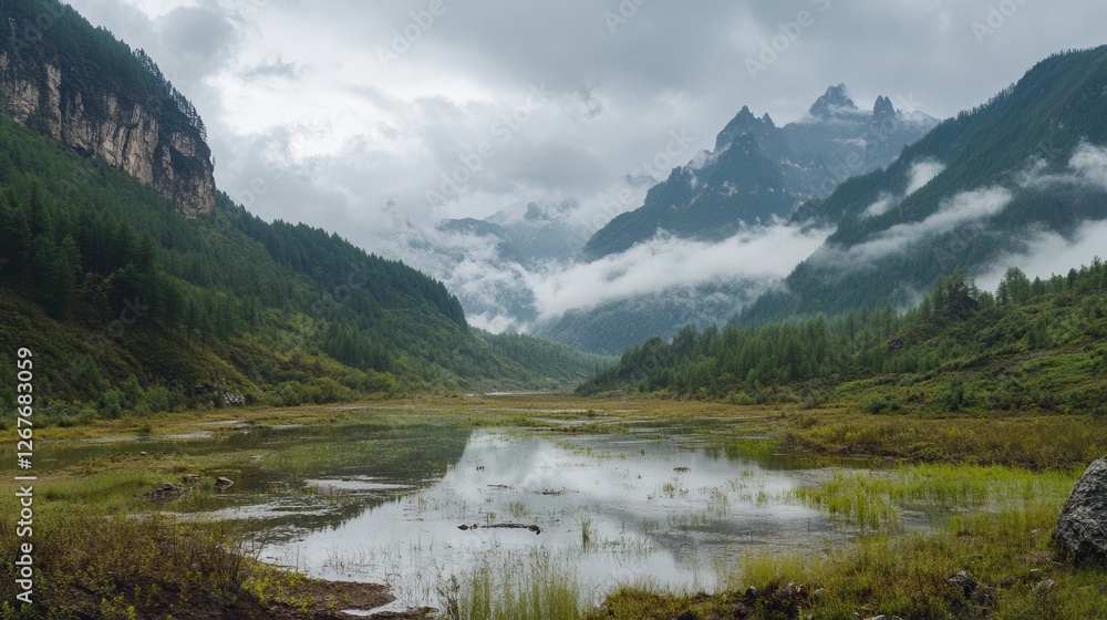 A serene small pond nestled in a picturesque mountain valley, surrounded by lush greenery and tranquil scenery. A serene small pond nestled in a picturesque mountain valley, surrounded by lush greenery and tranquil scenery.