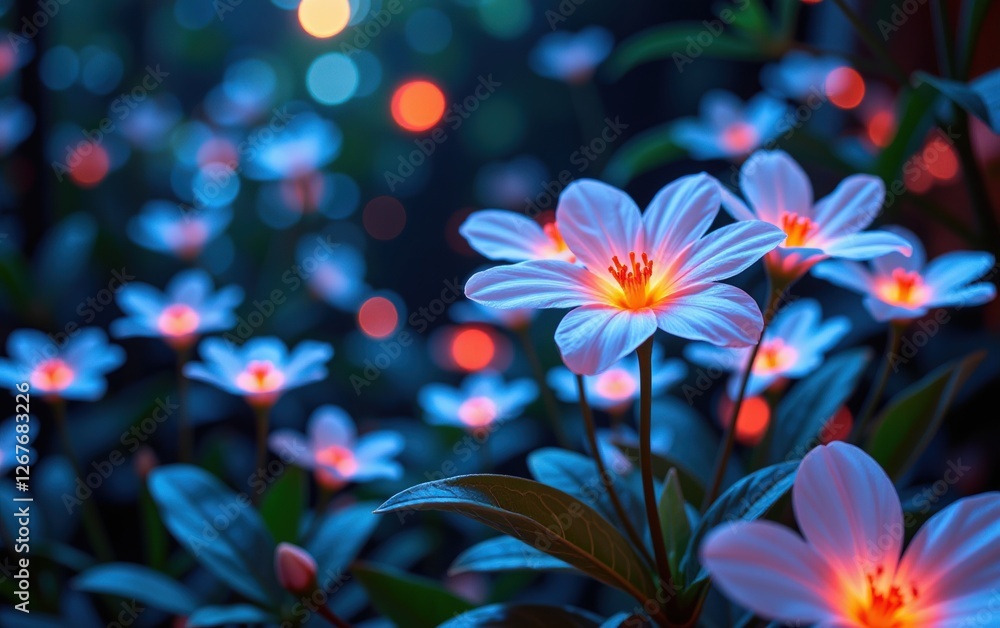 A stunning close-up of vibrant, glowing flowers in full bloom, illuminated with soft golden light. A stunning close-up of vibrant, glowing flowers in full bloom, illuminated with soft golden light.