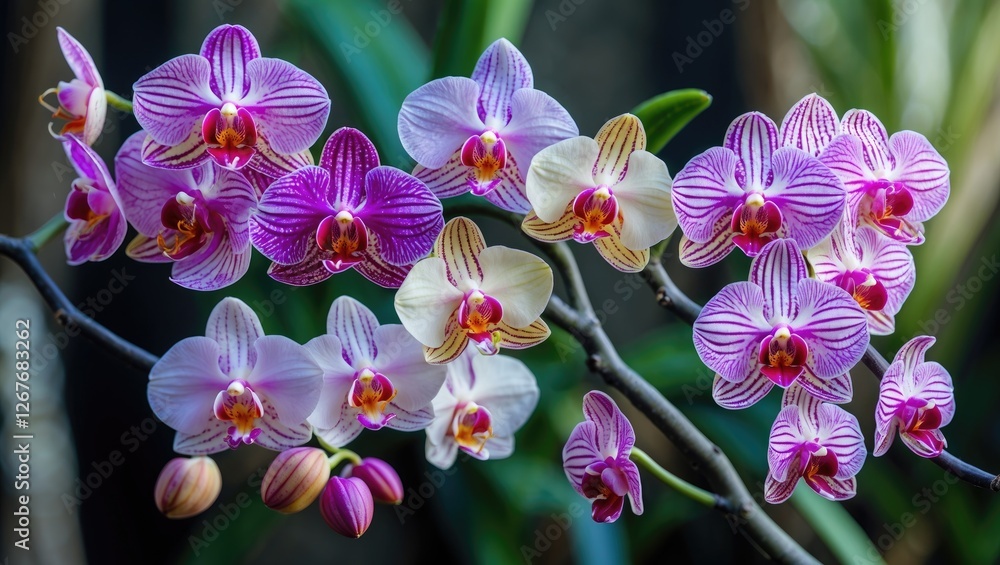 Exquisite Assortment of Vibrant Exotic Orchids in Bloom Showcasing Their Unique Colors and Patterns Against a Natural Background. Exquisite Assortment of Vibrant Exotic Orchids in Bloom Showcasing Their Unique Colors and Patterns Against a Natural Background.