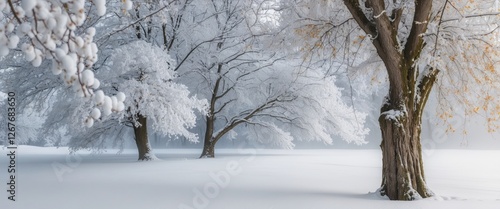 Snow-covered trees in a tranquil winter landscape creating a serene atmosphere of nature's beauty and peaceful solitude