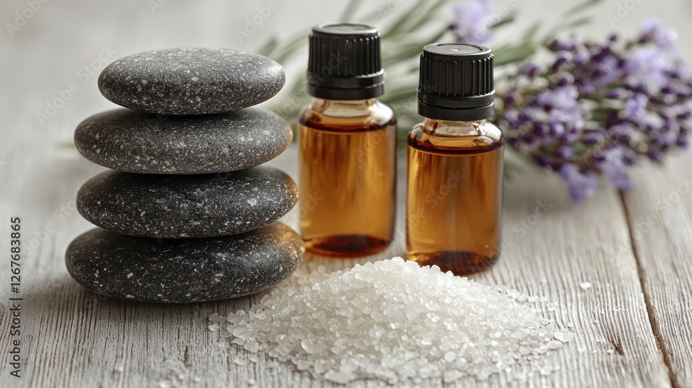 Spa stones, essential oils, and bath salts on a wooden surface. Possible use Relaxation, wellness, aromatherapy Spa stones, essential oils, and bath salts on a wooden surface. Possible use Relaxation, wellness, aromatherapy