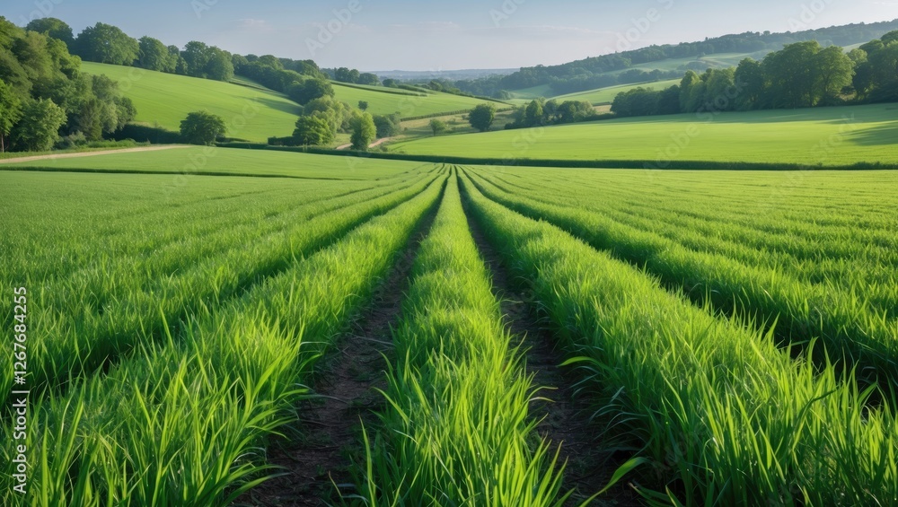 Lush Green Field with Rows of Grass Under Clear Blue Sky and Expansive Copy Space for Text Use Lush Green Field with Rows of Grass Under Clear Blue Sky and Expansive Copy Space for Text Use