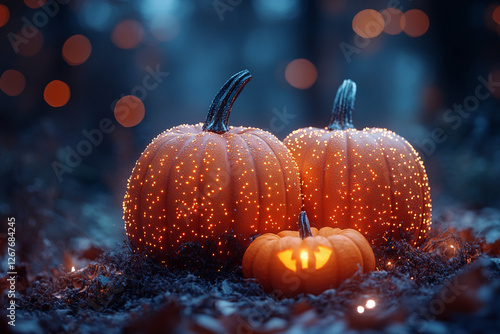 Enchanted pumpkins aglow in a dreamy twilight Halloween landscape