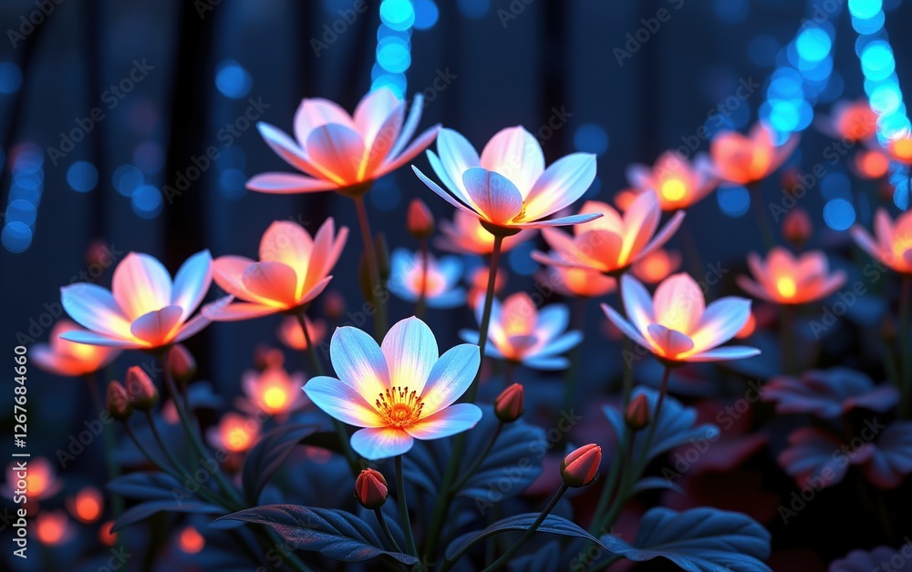 stunning close-up of vibrant, glowing flowers in full bloom, illuminated with soft golden light. The petals exhibit stunning close-up of vibrant, glowing flowers in full bloom, illuminated with soft golden light. The petals exhibit