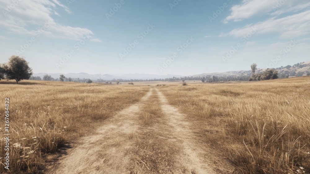Obraz premium Country road through golden meadow under clear sky