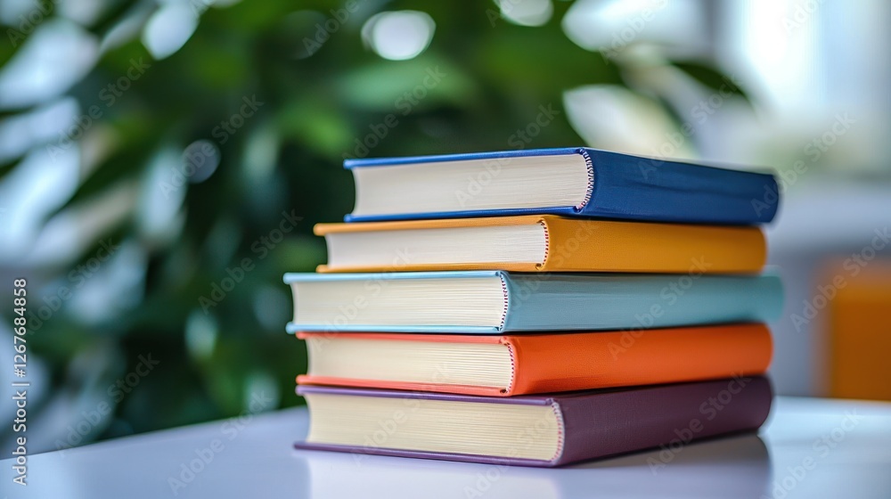 Stack of colorful books on a table, blurred plant background. Possible use Stock photo for education, learning, or back-to-school Stack of colorful books on a table, blurred plant background. Possible use Stock photo for education, learning, or back-to-school