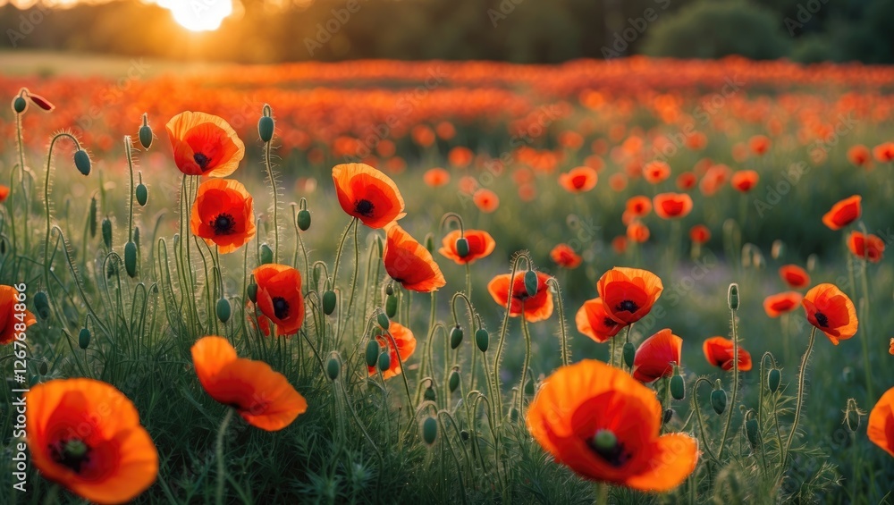 Obraz premium Vibrant Red Poppy Field Illuminated by Sunset with Soft Light Filtering Through Blooming Flowers
