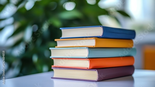 Stack of colorful books on a table, blurred plant background. Possible use Stock photo for education, learning, or back-to-school photo