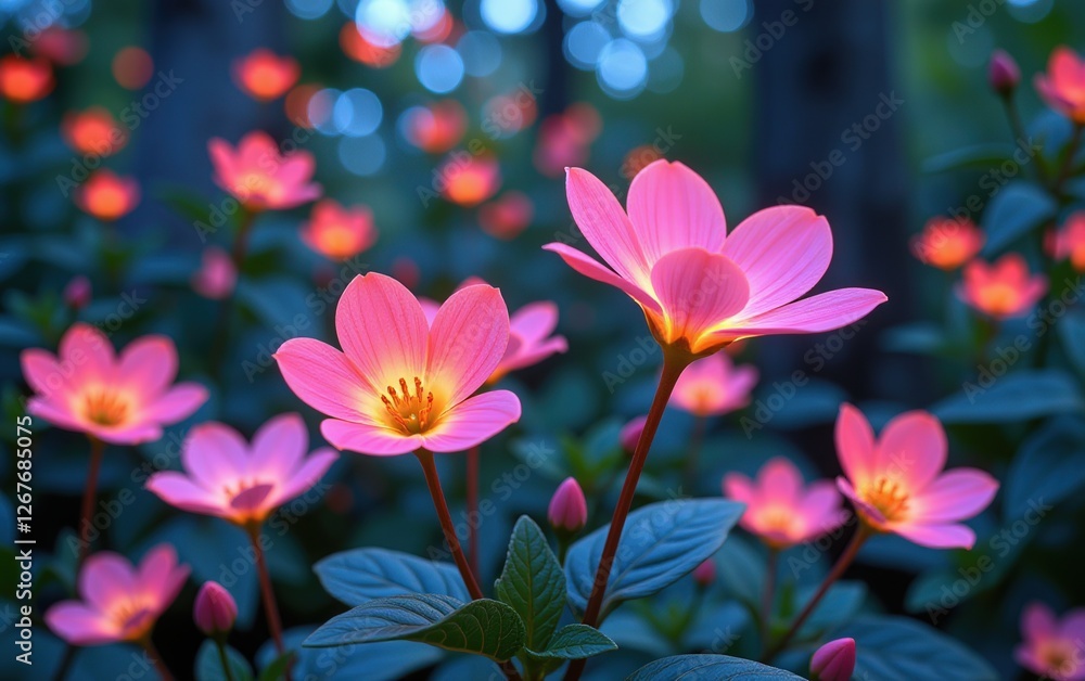 stunning close-up of vibrant, glowing flowers in full bloom, illuminated with soft golden light. The petals exhibit stunning close-up of vibrant, glowing flowers in full bloom, illuminated with soft golden light. The petals exhibit