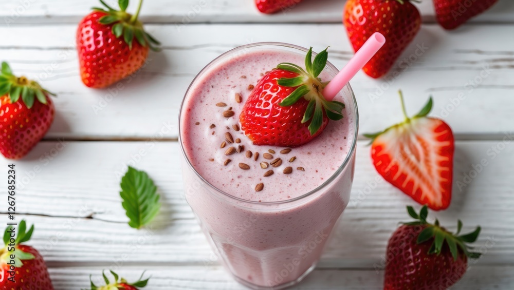 Refreshing Strawberry Milkshake Garnished with Fresh Berries on a Rustic Wooden Surface Highlighting Healthy Vegan Beverage Concept. Refreshing Strawberry Milkshake Garnished with Fresh Berries on a Rustic Wooden Surface Highlighting Healthy Vegan Beverage Concept.