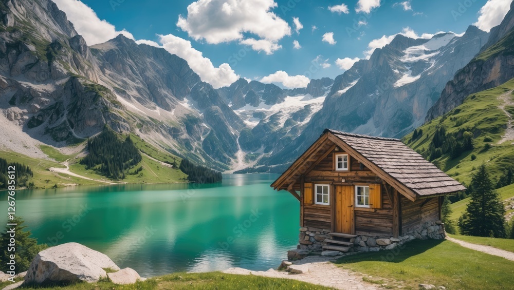 Fototapeta premium Serene Alpine Landscape Featuring an Emerald Lake and Traditional Wooden Mountain Hut in Front of Majestic Mountains