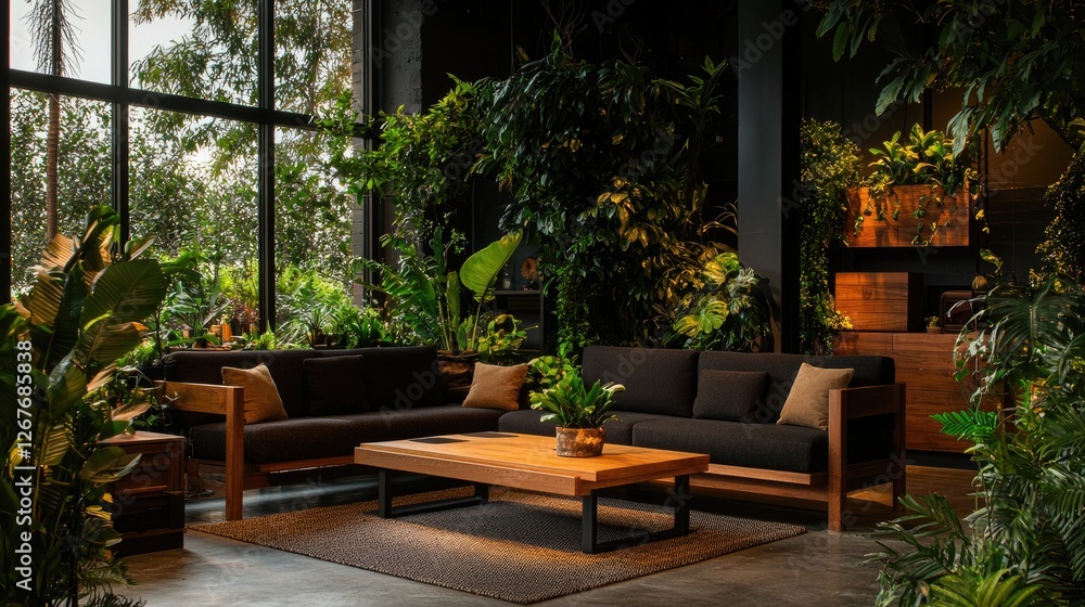 Cozy Indoor Living Room Surrounded by Lush Green Plants Cozy Indoor Living Room Surrounded by Lush Green Plants