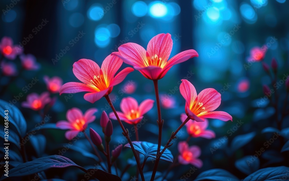stunning close-up of vibrant, glowing flowers in full bloom, illuminated with soft golden light. The petals exhibit stunning close-up of vibrant, glowing flowers in full bloom, illuminated with soft golden light. The petals exhibit