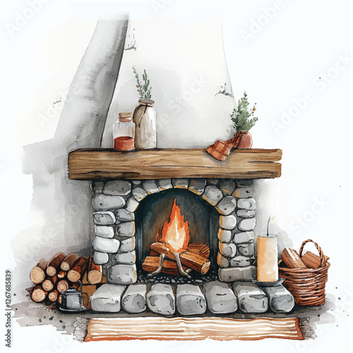A cozy fireplace cartoon style watercolor