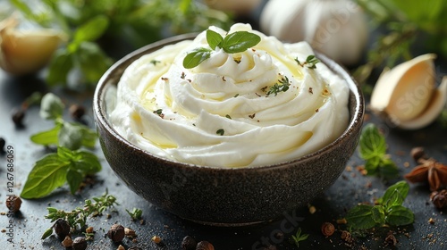 Creamy dip in bowl, herbs and garlic, cooking background, food photography, stock image photo