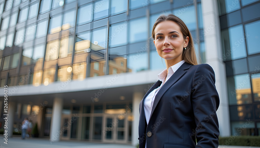 Confident young businesswoman in a suit, standing proudly in front of a modern glass building Confident young businesswoman in a suit, standing proudly in front of a modern glass building