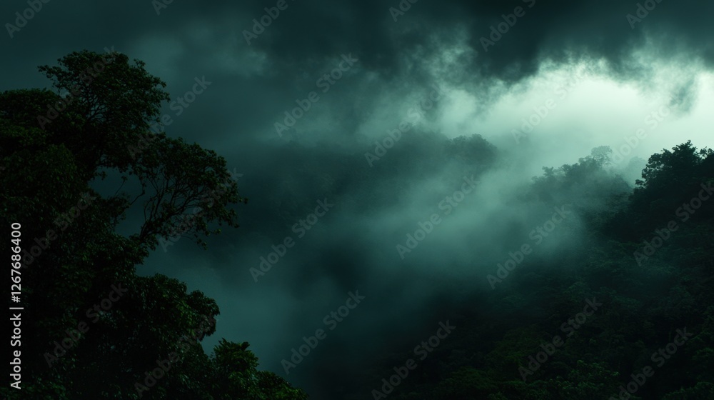 Fototapeta premium A mysterious and moody landscape featuring dense foliage and low-hanging mist, creating an atmosphere of tranquility and intrigue, Ideal for nature-themed projects, travel brochures
