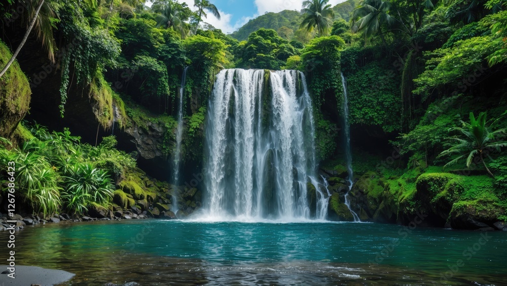Stunning Tropical Waterfall Surrounded by Lush Greenery in Oehala, Soe Island with Crystal Clear Water and Scenic Environment Stunning Tropical Waterfall Surrounded by Lush Greenery in Oehala, Soe Island with Crystal Clear Water and Scenic Environment
