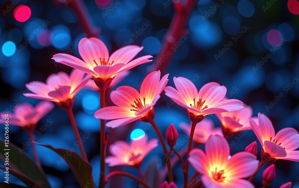 stunning close-up of vibrant, glowing flowers in full bloom, illuminated with soft golden light. The petals exhibit stunning close-up of vibrant, glowing flowers in full bloom, illuminated with soft golden light. The petals exhibit