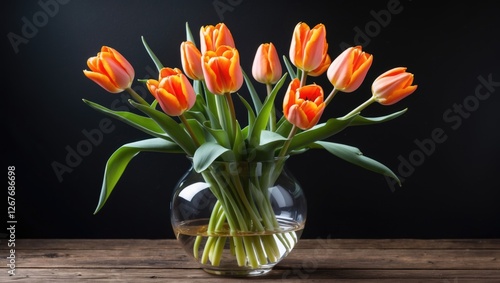 Wallpaper Mural Vibrant orange tulips arranged in a glass vase showcasing their beauty against a striking black background with wooden surface accents. Torontodigital.ca