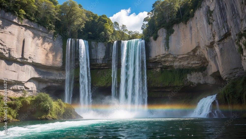 Fototapeta premium Stunning Waterfall Cascading in Bright Sunlight with Lush Greenery and Dramatic Rainbow Effect in Clear Blue Sky
