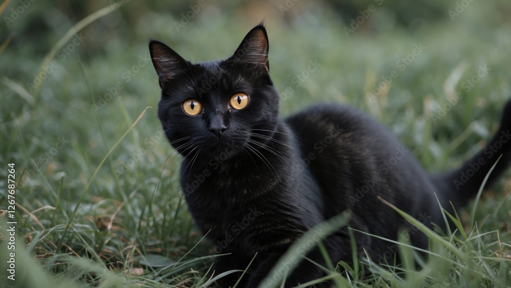 Black Cat with Golden Eyes Sitting Amongst Green Grass During Outdoor Leisure Time in Nature Black Cat with Golden Eyes Sitting Amongst Green Grass During Outdoor Leisure Time in Nature