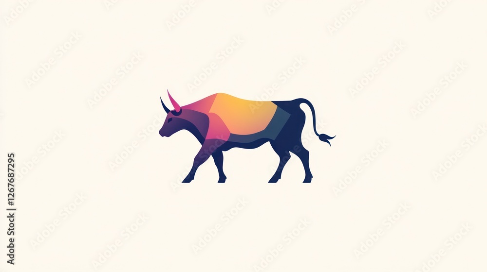 Fototapeta premium Geometric Bull Strides on Plain Backdrop Vivid, Modern Animal Icon for Financial or Agricultural Design