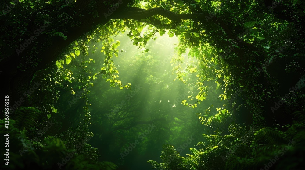 Fototapeta premium Enchanted Forest with Sunlight Filtering Through Lush Greenery