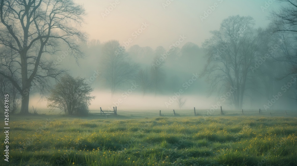 Serene Foggy Meadow at Dawn with Lush Green Grass and Silhouetted Trees in a Tranquil Spring Landscape Serene Foggy Meadow at Dawn with Lush Green Grass and Silhouetted Trees in a Tranquil Spring Landscape