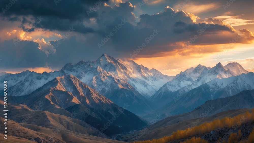 Obraz premium Majestic Caucasus Mountains Under a Dramatic Sky with Vibrant Colors Showcasing Nature's Beauty and Scenic Landscapes in Twilight.