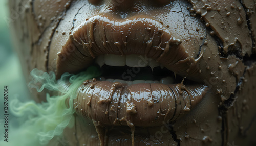 An extreme close-up of cracked lips covered in thick, oily sludge, emitting toxic green smoke, with metallic debris embedded, evoking a dystopian and suffocating atmosphere. photo