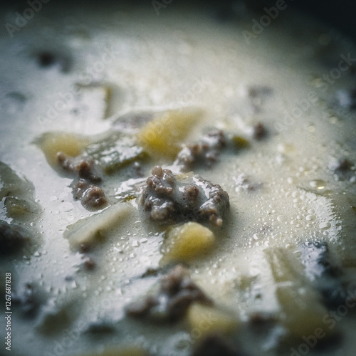 Rustikale Hackfleisch-Lauch-Suppe mit Kartoffeln im stimmungsvollen Licht photo