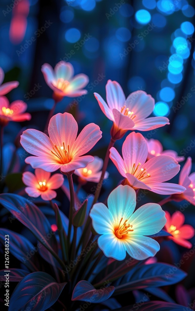 A stunning close-up of vibrant, glowing flowers in full bloom, illuminated with soft golden light. A stunning close-up of vibrant, glowing flowers in full bloom, illuminated with soft golden light.
