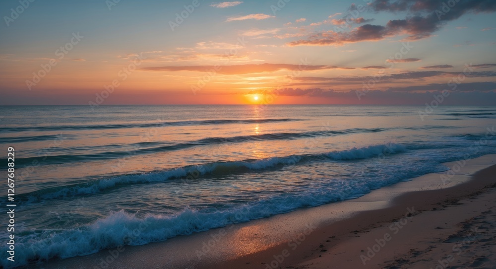 Serene Beach Sunset with Gentle Waves Reflecting Vibrant Colors along the Horizon at Dusk Serene Beach Sunset with Gentle Waves Reflecting Vibrant Colors along the Horizon at Dusk