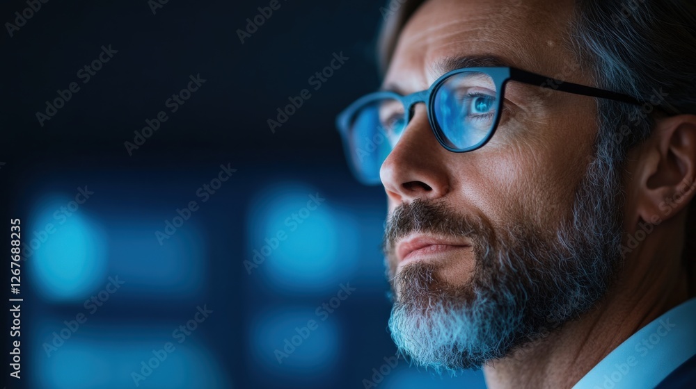 Man with Glasses Looking at Screen in Dark Room Man with Glasses Looking at Screen in Dark Room