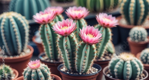 Vibrant Cacti with Pink Blooms in Pots Against a Soft Focus Background Featuring Empty Space for Custom Text