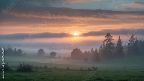 Serene Sunrise Over Misty Landscape with Fog and Cloud Cover in Tranquil Natural Setting
