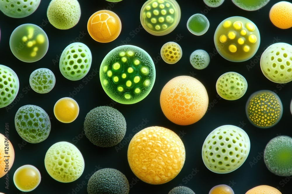 Abstract Spherical Microscopic Cells Green Yellow and Orange Design Abstract Spherical Microscopic Cells Green Yellow and Orange Design