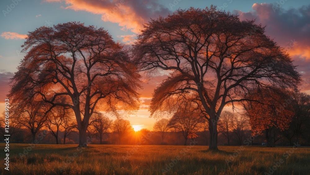Serene Sunset Over Majestic Trees in Golden Light with Vibrant Cloudscape and Lush Green Field in Tranquil Landscape Scene Serene Sunset Over Majestic Trees in Golden Light with Vibrant Cloudscape and Lush Green Field in Tranquil Landscape Scene