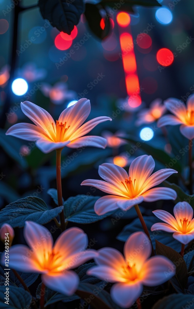 A stunning close-up of vibrant, glowing flowers in full bloom, illuminated with soft golden light. A stunning close-up of vibrant, glowing flowers in full bloom, illuminated with soft golden light.