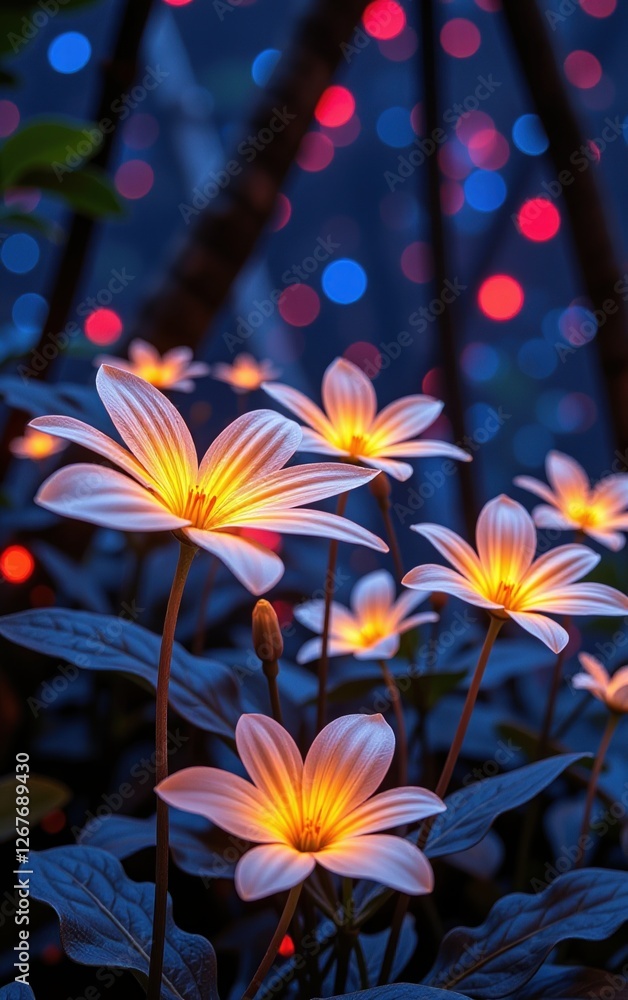 stunning close-up of vibrant, glowing flowers in full bloom, illuminated with soft golden light. The petals exhibit stunning close-up of vibrant, glowing flowers in full bloom, illuminated with soft golden light. The petals exhibit